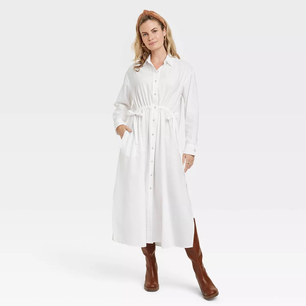 Women's Long Sleeve Cinch Waist Maxi Shirtdress - Universal Thread™ White M | Target