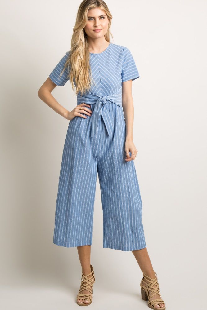 Blue Pinstriped Tie Front Jumpsuit | PinkBlush Maternity