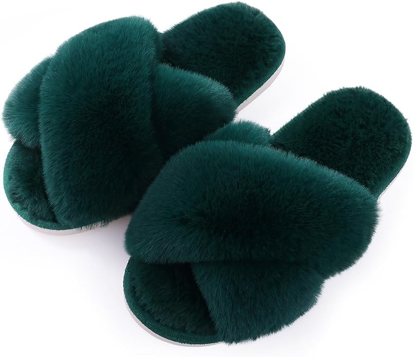Evshine Women's Fuzzy Slippers Cross Band Memory Foam House Slippers Open Toe | Amazon (US)
