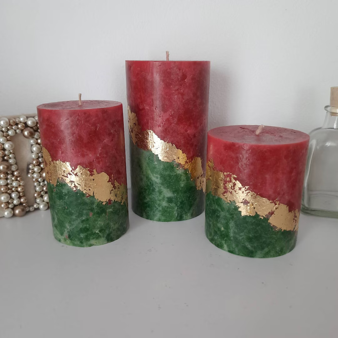 Red Green Gold Christmas Candles Pillar Candle Set of 3 Decorative Candles for Christmas Decor or... | Etsy (US)