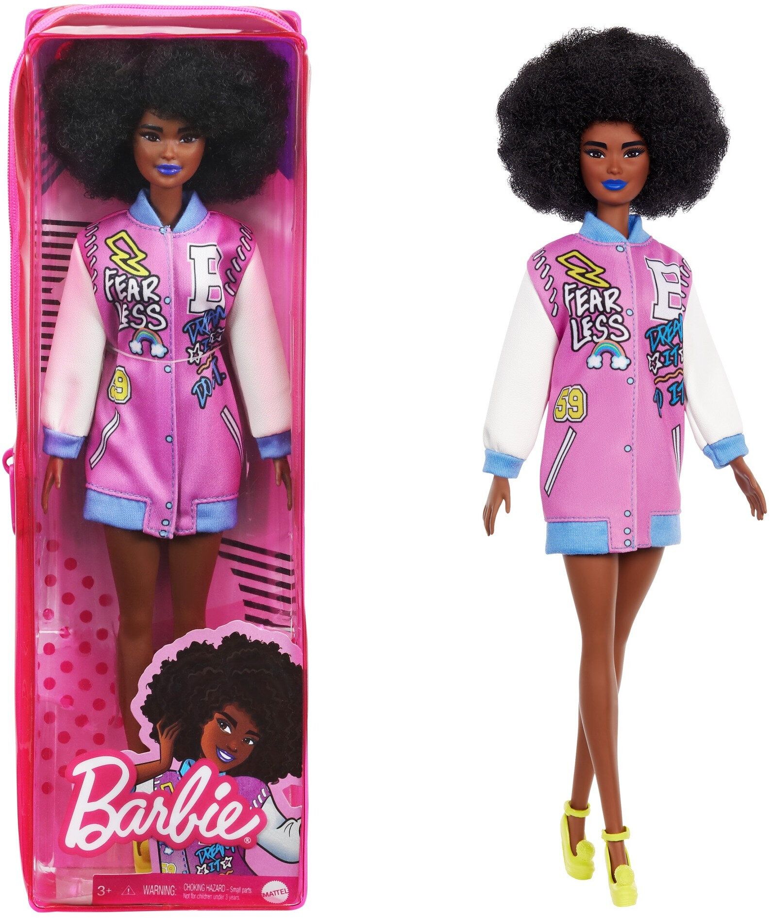 Barbie Fashionistas Doll #156 with Brunette Afro & Blue Lips Wearing Graphic Coat Dress & Yellow ... | Walmart (US)