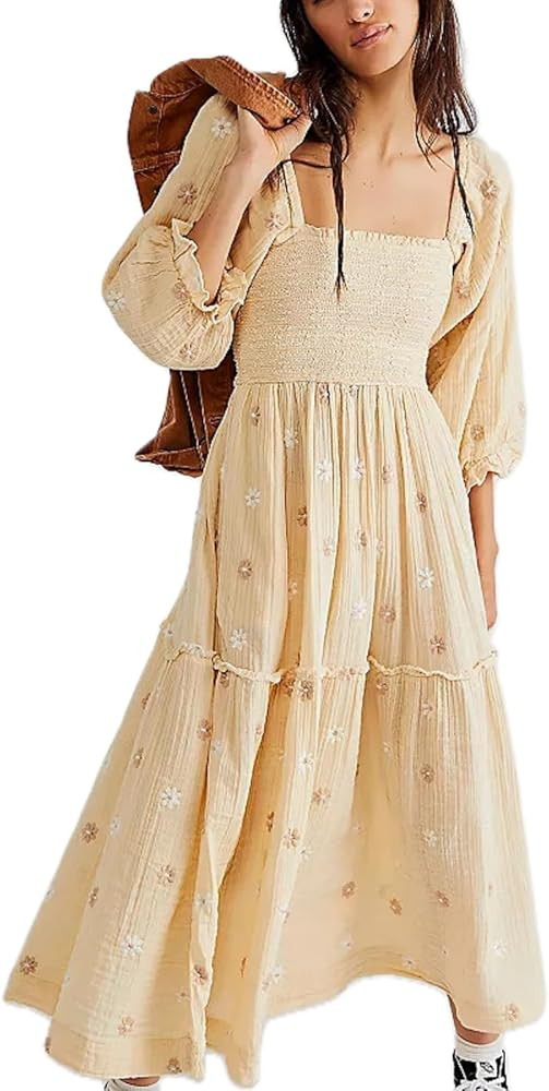 Argeousgor Women 2023 Bohemian Floral Dress Square Neck Ruffle Swing A Line Maxi Dress Long Sleev... | Amazon (US)