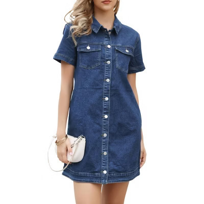 INSPIRE CHIC Women's Denim Short Sleeve Turndown Collar Button Down Shift Mini Jean Dresses X-Large Dark Blue | Target