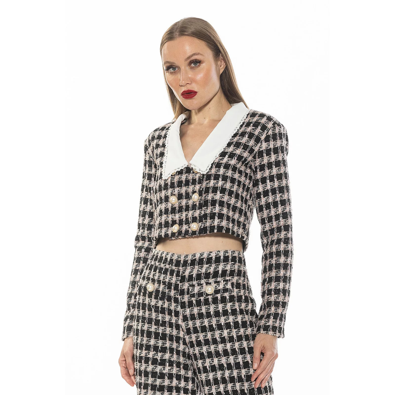 Women's ALEXIA ADMOR Aurelia Drop Lace Collar Cropped Tweed Jacket, Size: 2, Black Pink | Kohl's