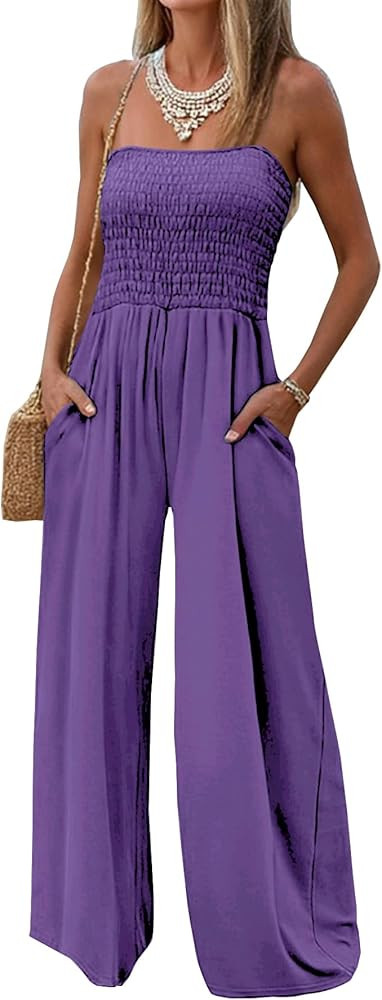 AUXDIO Womens Casual Strapless Summer Jumpsuits Loose Off Shoulder Smocked Sleeveless Wide Leg Ro... | Amazon (US)