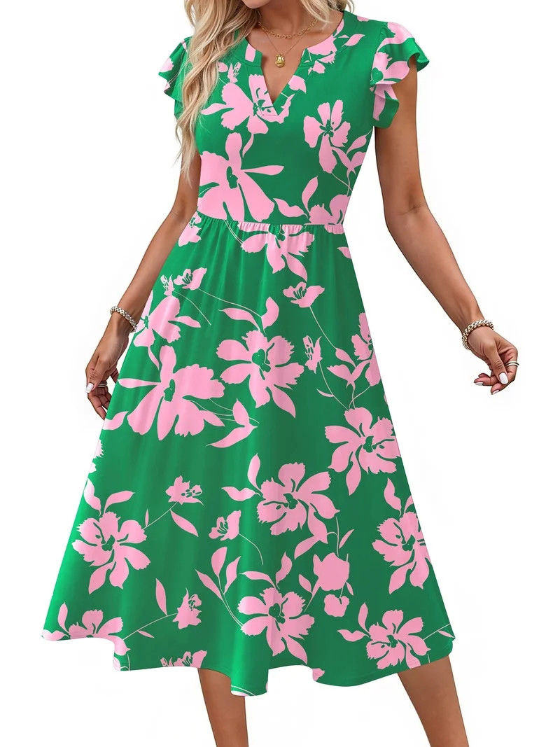 Fantaslook Summer Dresses for Women Ruffle Sleeve V Neck Midi Dresses Fashion Casual Flowy Vacati... | Walmart (US)
