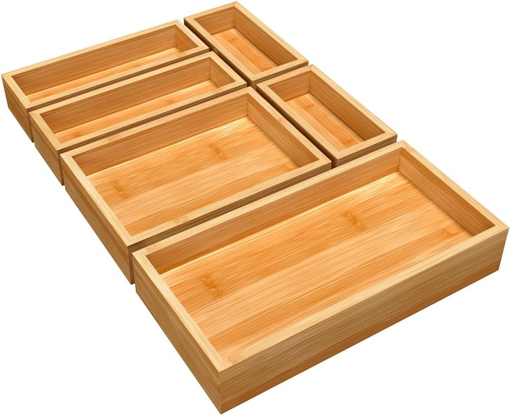 MaxGear Drawer Organizer 100% Bamboo Drawer Organizers 6-Pcs Stackable Wood Kitchen Drawer Organi... | Amazon (US)