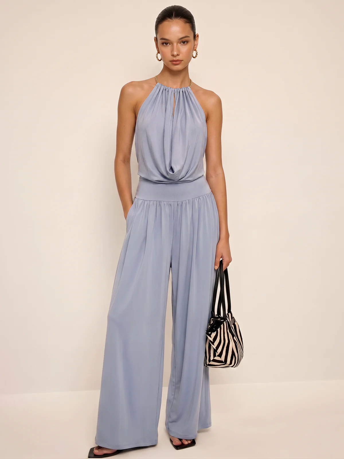 Chain Halter Bodysuit & High-Waisted Palazzo Pants Set | Commense