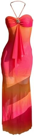 SOLY HUX Women's Ombre Halter Maxi Dress Summer Mesh Ruched Bodycon Beach Vacation Dresses | Amazon (US)