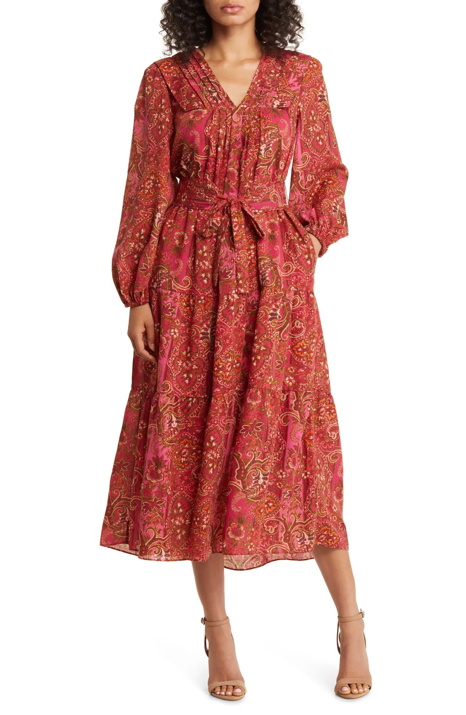 Paisley Long Sleeve Belted Midi Dress | Nordstrom