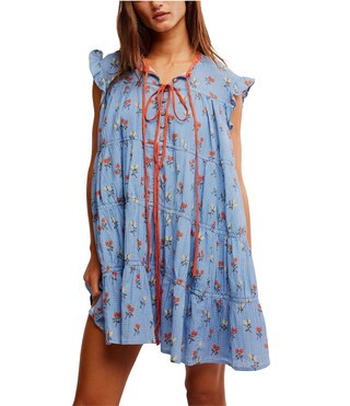 Free People Sundown Floral Print Split Neck Cap Sleeve Mini Dress | Dillard's | Dillard's