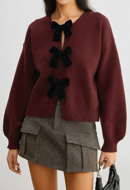 Statement Velvet Bow-Embellished Knit Cardigan | Chicwish