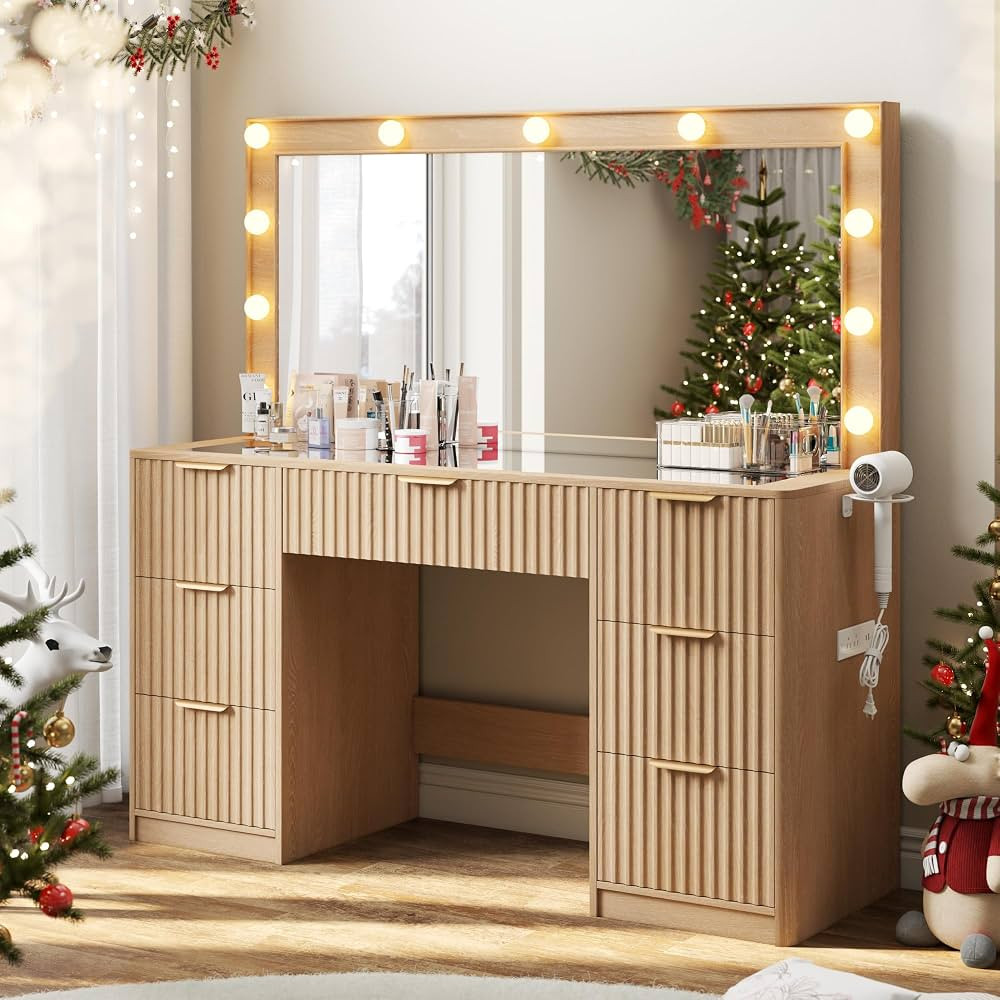47" Makeup Vanity Desk with Large Mirror & LED Lights, Fluted Vanity with 7 Drawers, Tempered Gla... | Amazon (US)