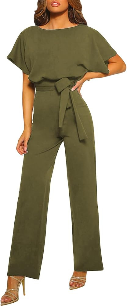 Happy Sailed Womens Loose Short Sleeve Belted Wide Leg Pant Romper Jumpsuit Business Casual One P... | Amazon (US)