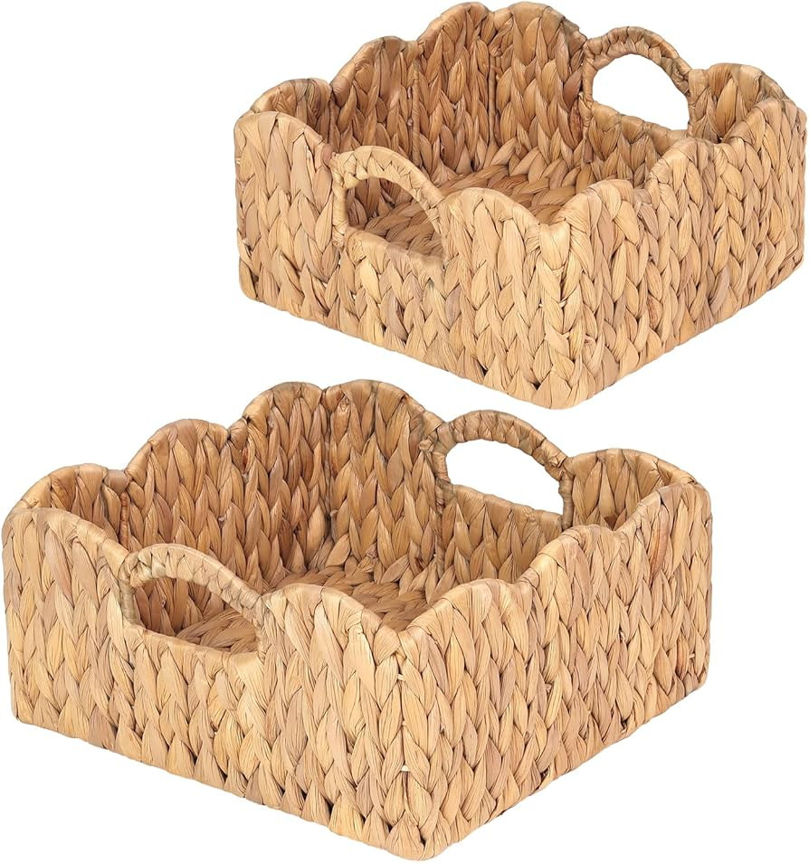 Scalloped Baskets (Natural-Set of 2) Basket Living Room Organizer, Water Hyacinth Basket, Basket For Decor, Woven Basket for Bathroom, Bedroom, Laundry,...Hyacinth Storage Basket with Built-in Handles | Amazon (US)