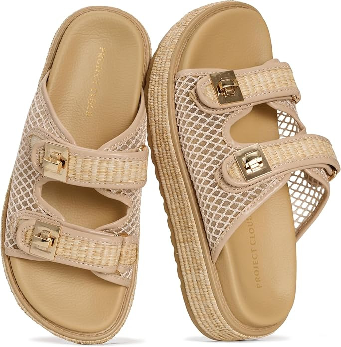 Amazon.com | Project Cloud Genuine Raffia Platform Sandals Women - Memory Foam Insole Slides Wome... | Amazon (US)