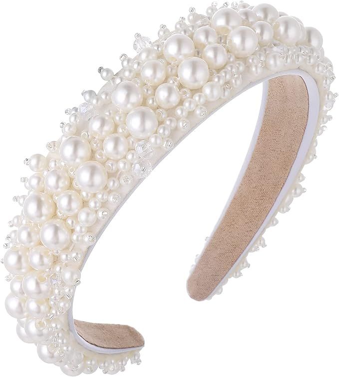 Molain Faux Pearl Headbands White Bling Knot Rhinestone Satin Wide Thick Hairbands Bridal Beaded ... | Amazon (UK)