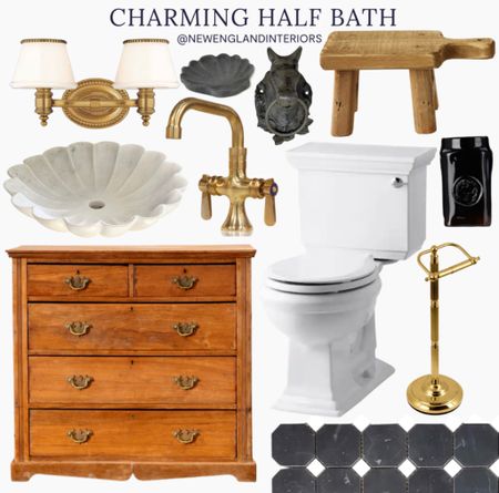 New England Interiors • Charming Half Bath • Toilet, Vanity, Sconce, Tile, Bath Accessories, Tissue Holder, Faucet, Accents. 🚽🧴

TO SHOP: Click the link in bio or copy link into web browser 

#newengland #bathroominspo #bathroomreno #interiordesign #home 

#LTKhome