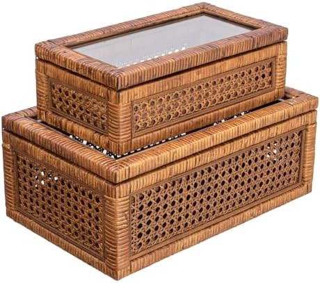 Creative Co-Op Modern Decorative Rectangle Woven Rattan and Wood Display Boxes with Glass Top, Se... | Amazon (US)