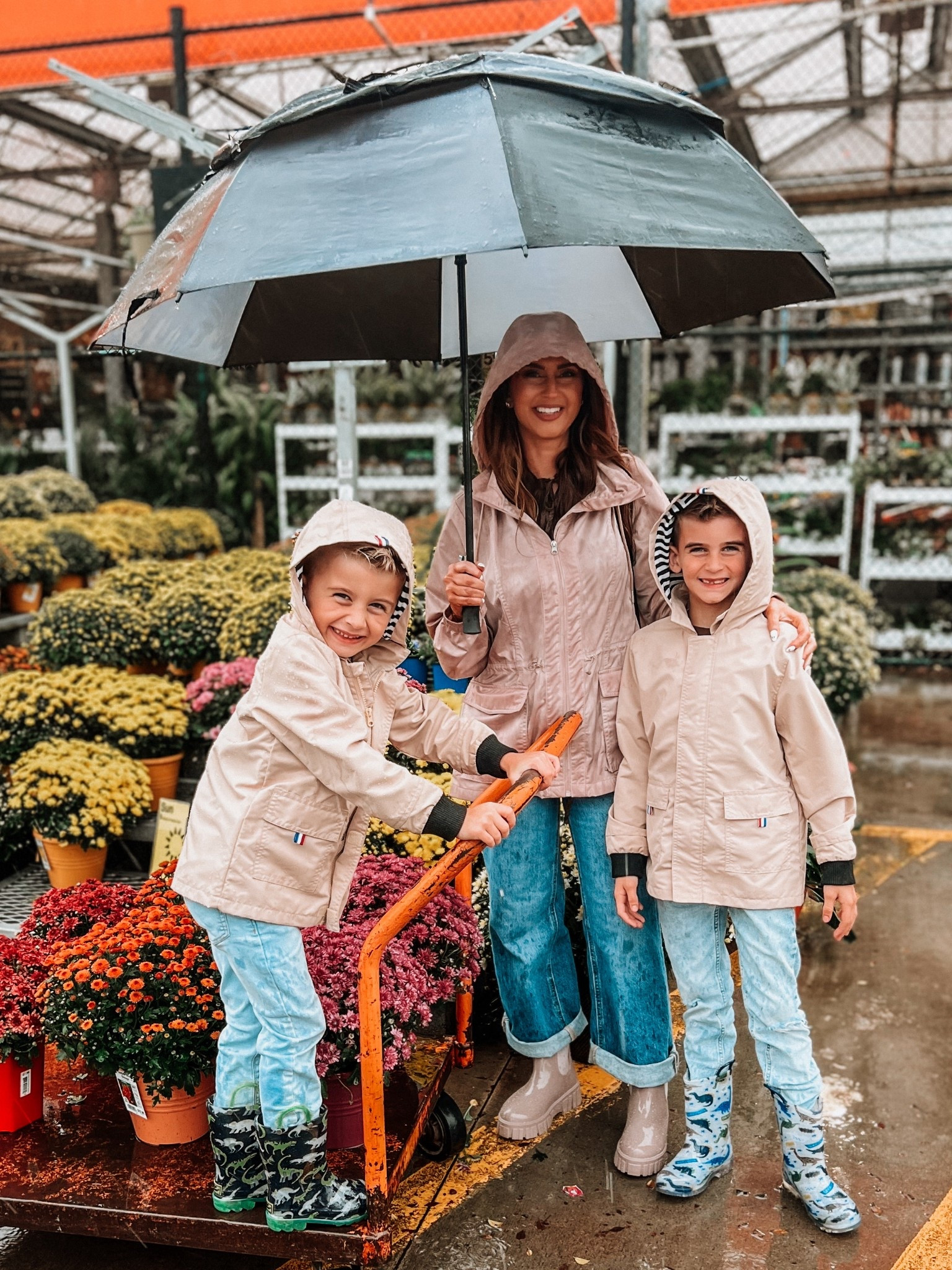 Womens tan beige rain jacket 
Womens taupe short rain boots
Kids unisex beige tan rain jacket
Kids dinosaur light rain boots 