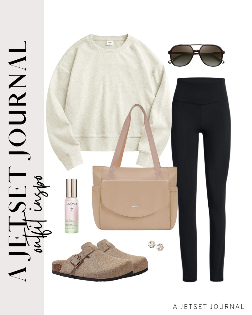 This Stelle cropped crewneck sweatshirt paired with black leggings from SINOPHANT is our first outfit to style. Start by wearing KIDMI suede clogs and this ECOHUB tote bag. Prep your skin for makeup with Caudalie Beauty Elixir Prep Mist. Don’t forget your SOJOS sunnies! 

 #LTKSeasonal #LTKSaleAlert #LTKTravel