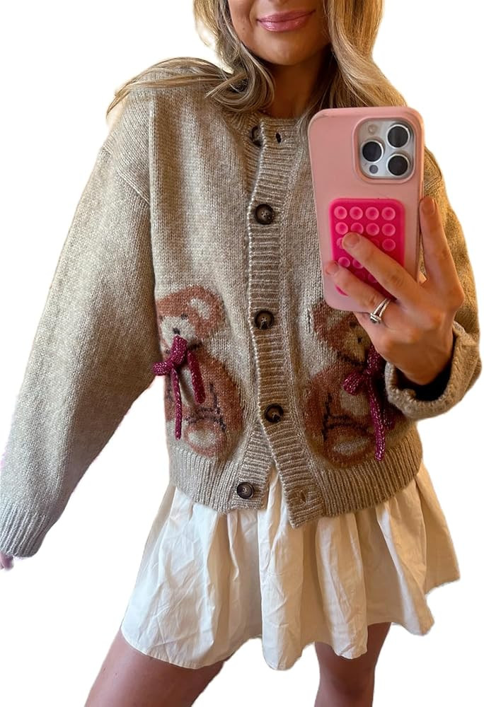 Women Cute Bow Bear Cardigan Sweaters Button Down Y2k Knitted Cardigans Casual Long Sleeve Knit C... | Amazon (US)
