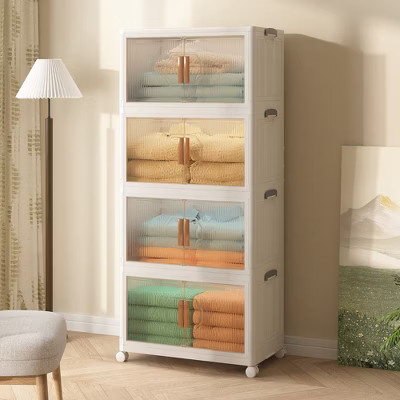 VECELO 4 Pack Stackable Storage Bins with Lid and Lockable Wheels Foldable PP Storage Cabinet Home Organizer | Target