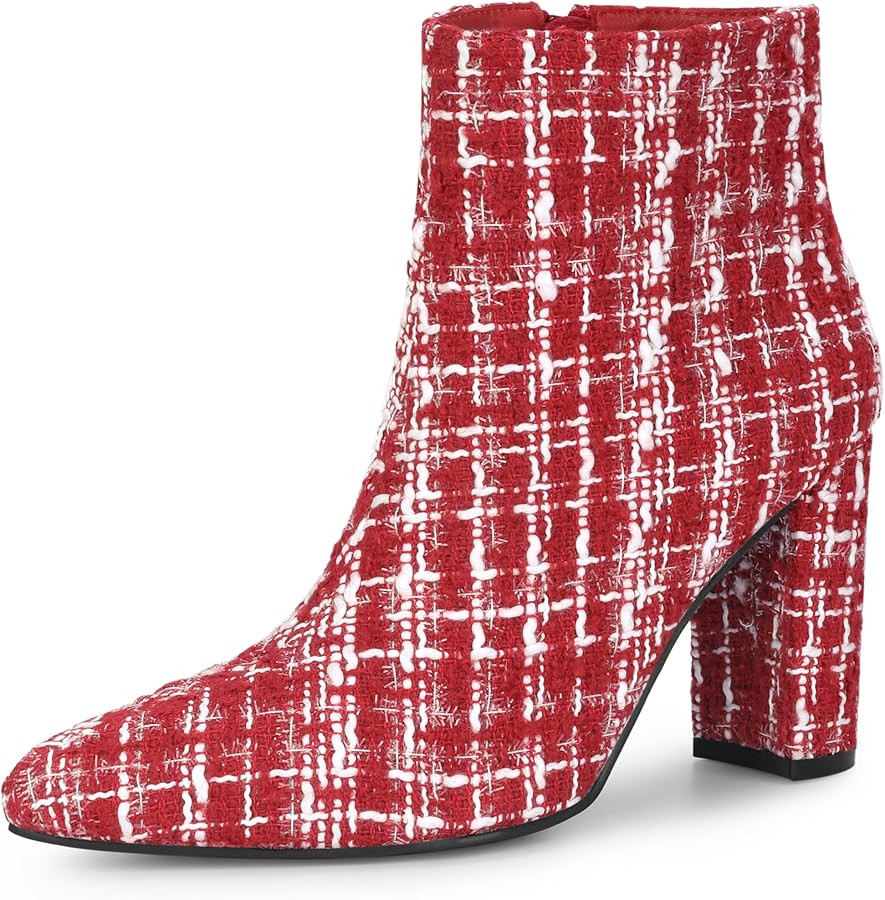 Perphy Tweed Boots Plaid Shoes Pointy Toe Chunky Heel Ankle Boots for Women | Amazon (US)