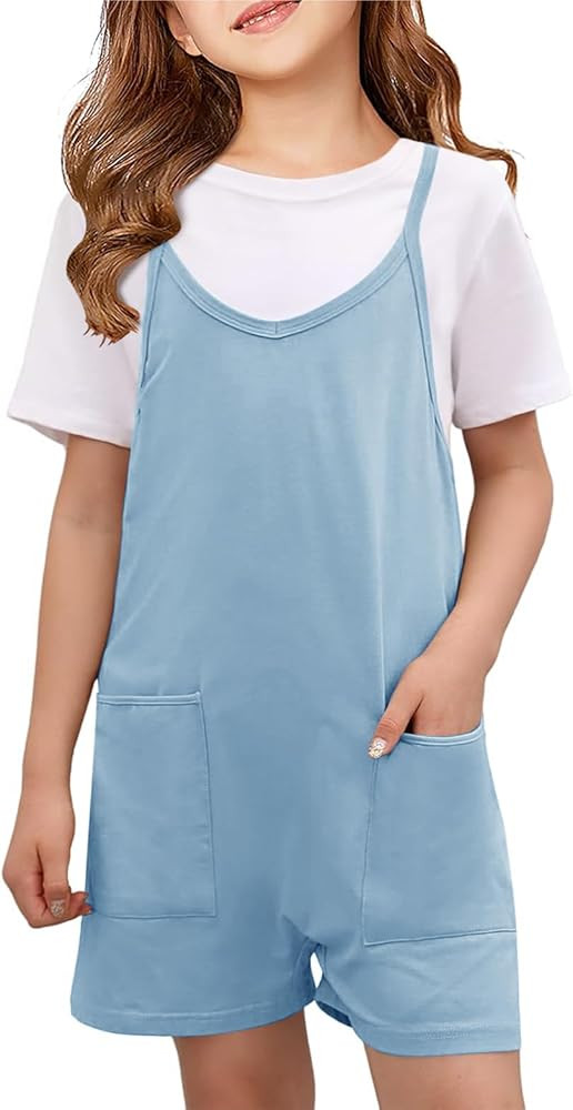CharmWM Girls Summer Jumpsuits Spaghetti Strap Sleeveless Loose Romper Short Pants with Pockets 5... | Amazon (US)