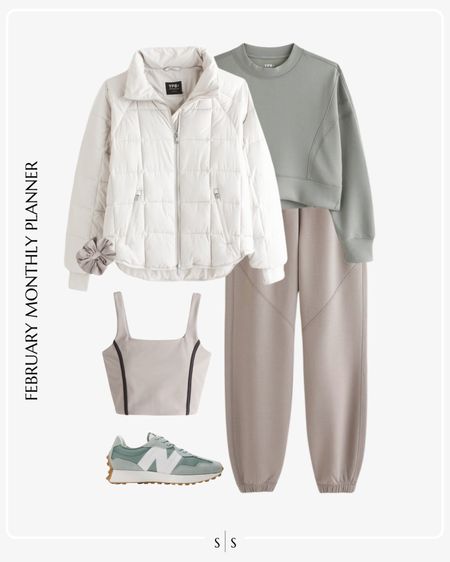 Monthly outfit planner: FEBRUARY: Winter looks | jogger sweats, cropped sweatshirt, quilted jacket, sneakers, sports tank 

Athleisure, activewear, loungewear, weekend outfit  

See the entire calendar on thesarahstories.com ✨ 

#LTKstyletip #LTKfitness