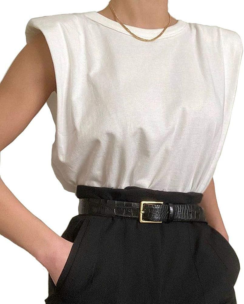 KEALCAFA Women Summer Sleeveless Shoulder Pad Cotton T-Shirt Crew Neck Plain Color Casual Loose T... | Amazon (US)