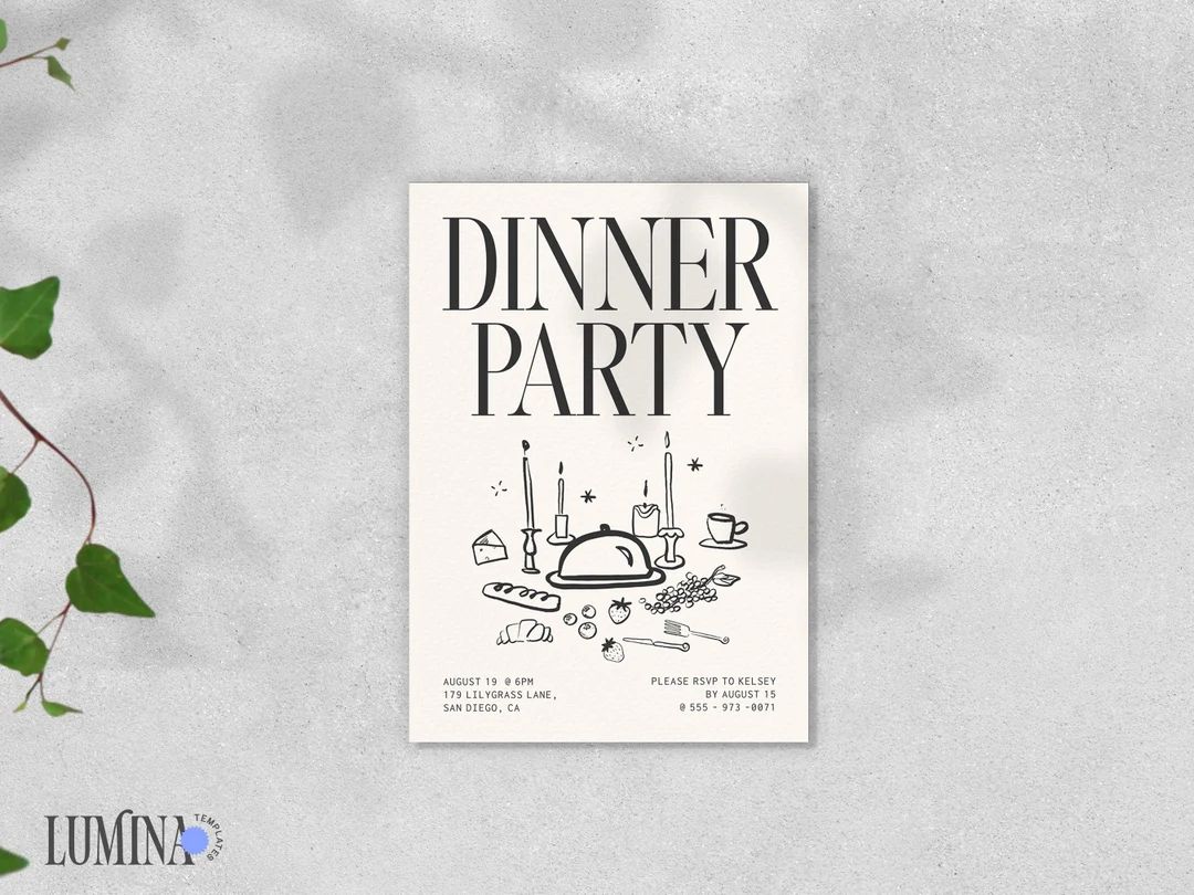 PARTY INVITATION TEMPLATE, Hand Drawn Whimsical Modern Dinner Party, Funky Unique Invite, Editabl... | Etsy (US)