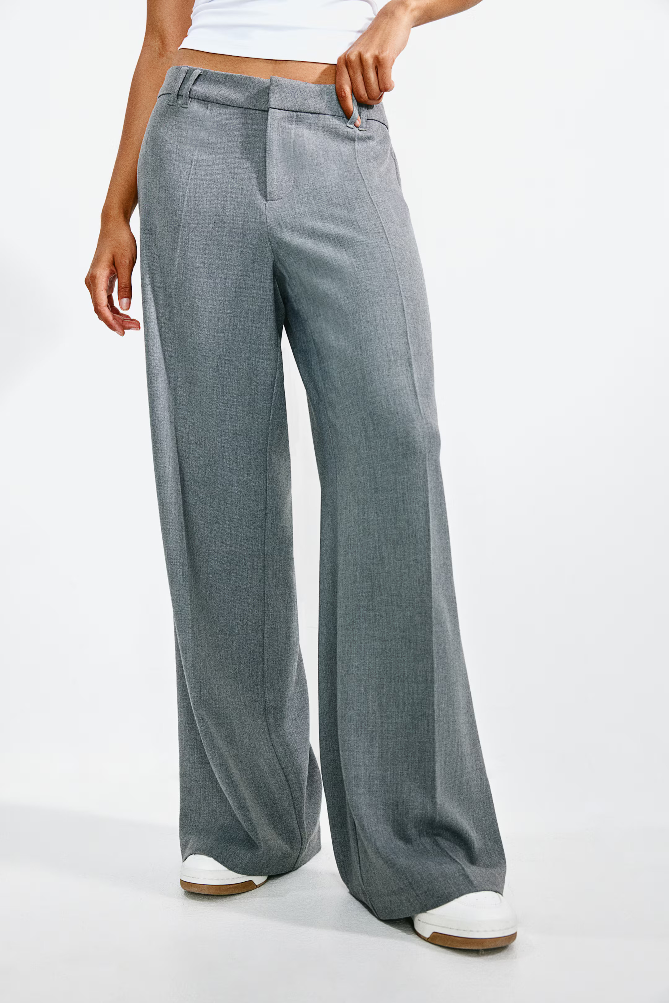 Wide tailored trousers - Regular waist - Long - Grey marl - Ladies | H&M GB | H&M (UK, MY, IN, SG, PH, TW, HK)