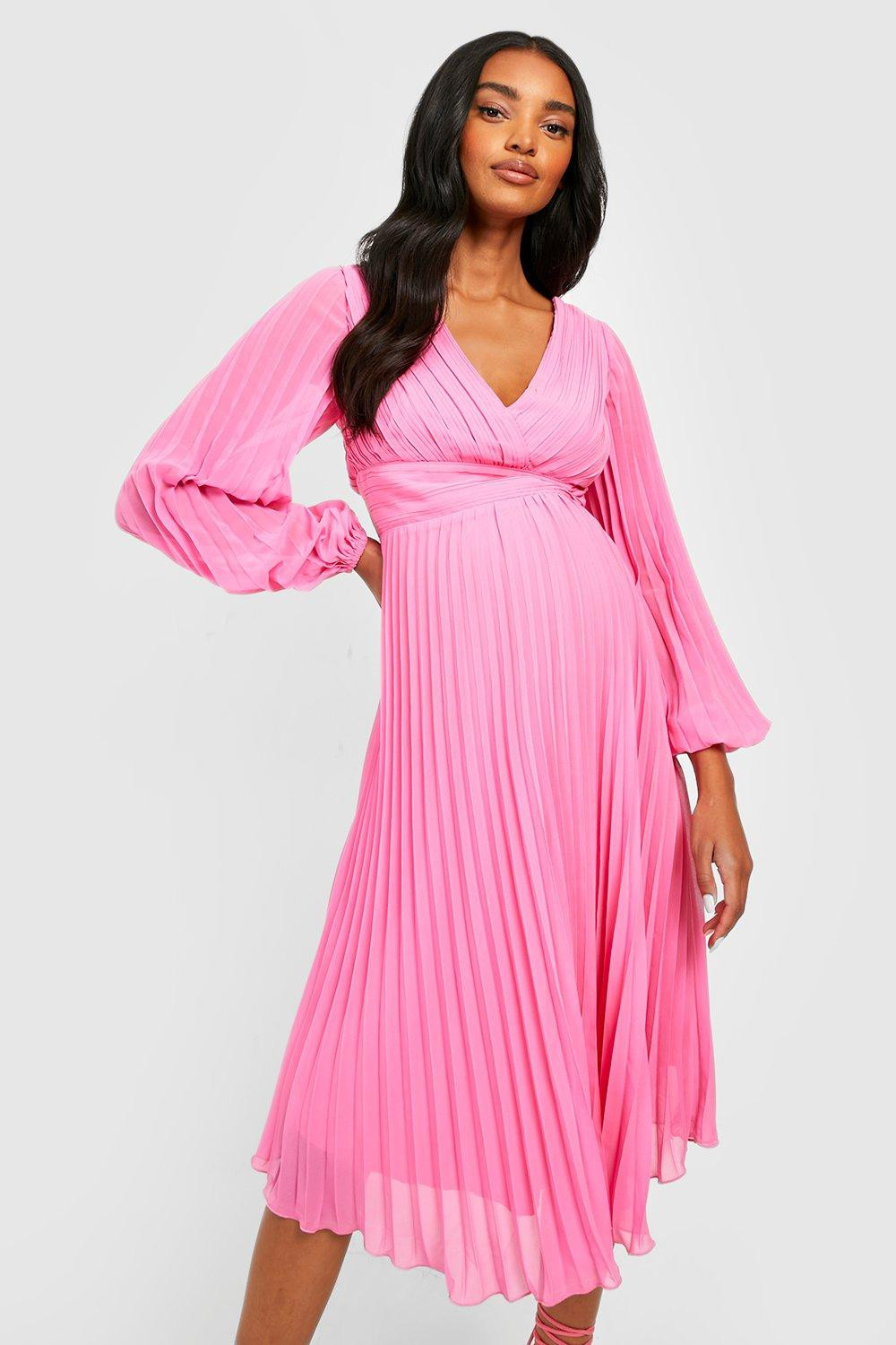 Maternity Pleated Puff Sleeve Midi Dress | Maternity Dress Bump Friendly Sumner #LTKbump  | Boohoo.com (US & CA)