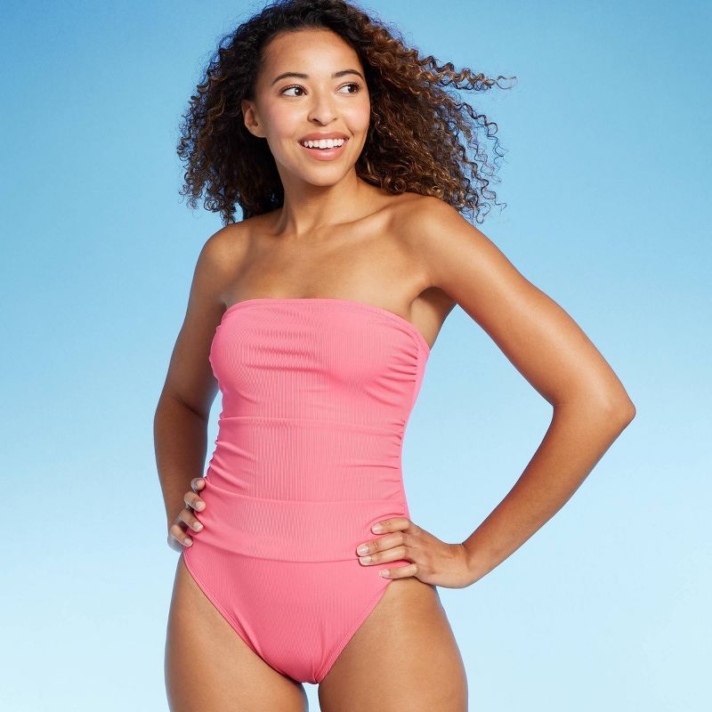 Women's Shirred Ribbed Bandeau Cheeky One Piece Swimsuit - Shade & Shore™ | Target