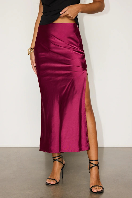 Chic Wishes Burgundy Satin Midi Skirt | Lulus