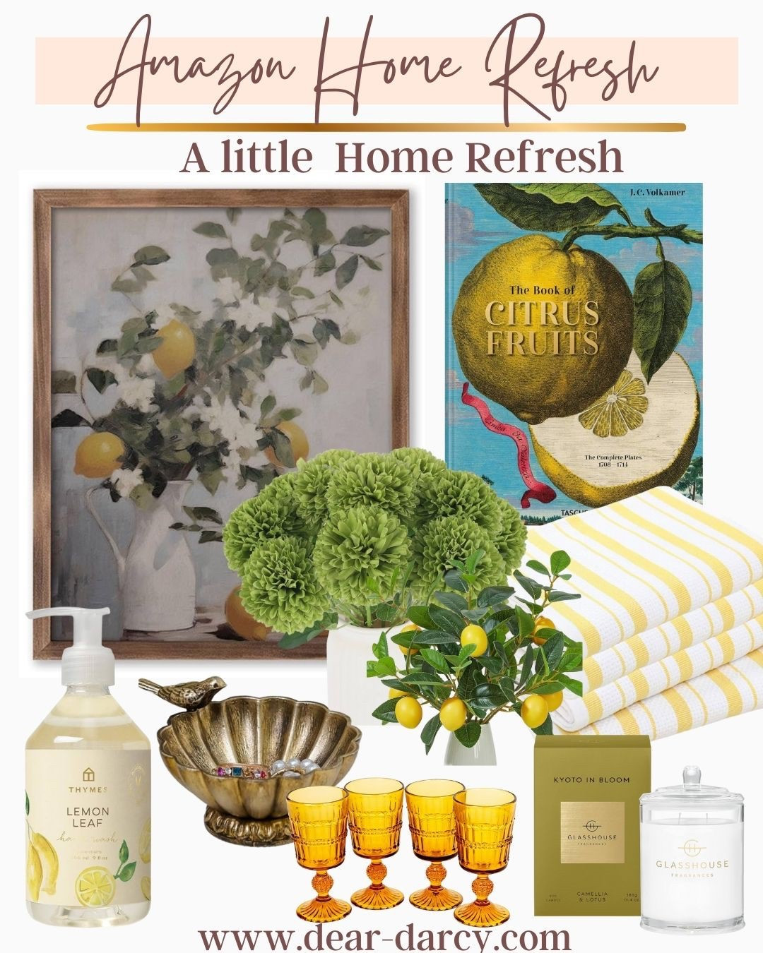 Amazon Home Finds
A little home refresh

Add a little yellow, lemons and gold with a touch of green  for a Italian summer vibe

Kitchen hand towels, lemon hand soap

Hold bird fish
Yellow goblets
Candle
Lemon prints 
Lemon tree 
Greenery balls 



#LTKGiftGuide #LTKHome #LTKFindsUnder50