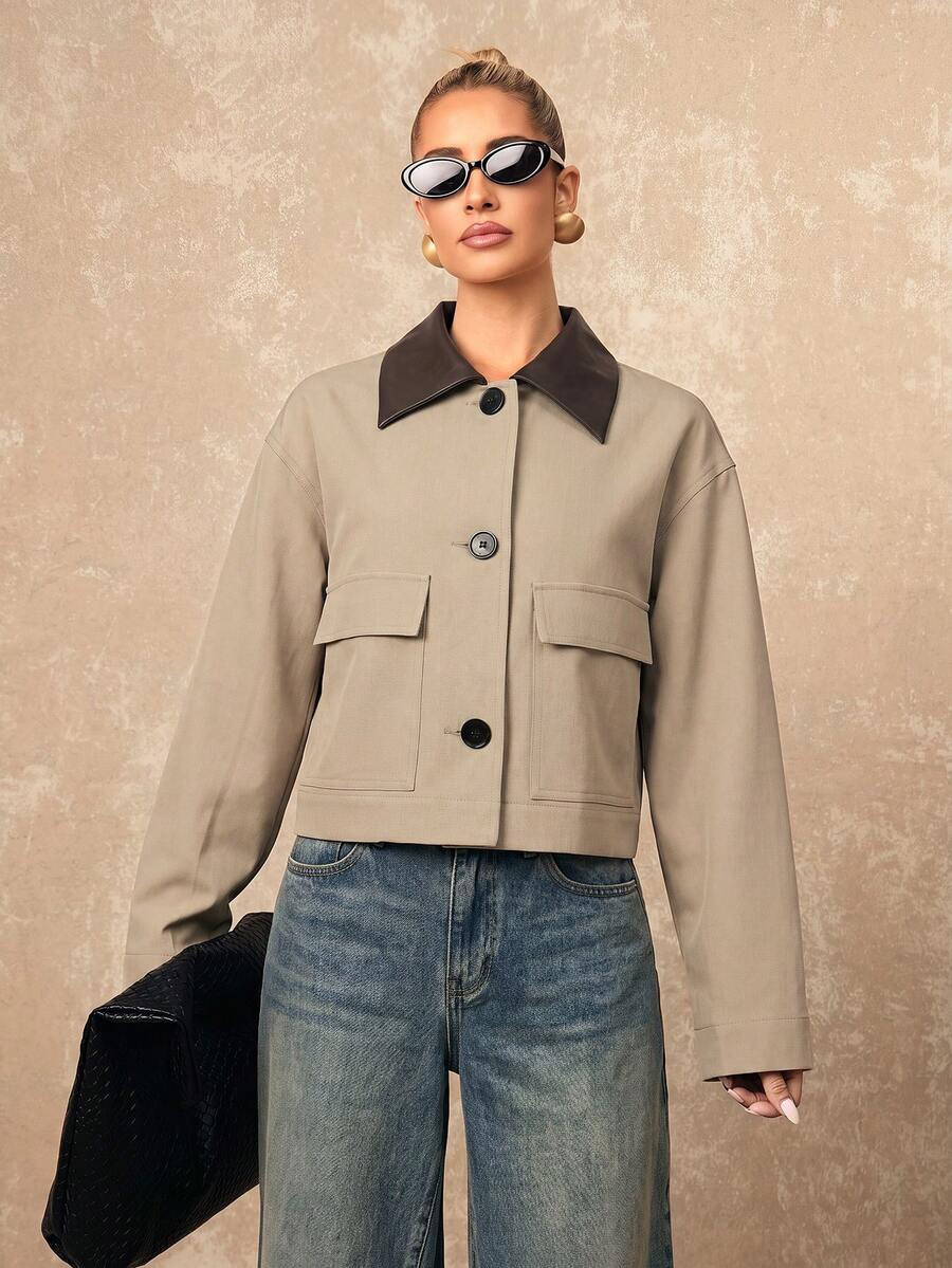 Lumalex Autumn/Winter New Loose Casual Thickened PU Patchwork Collar Women's Regular Jacket, Elegant Versatile, Office, Party, Teachers' Day Dark Brown | SHEIN