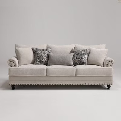 Farmhouse Beige Linen-like Sofa with Rolled Arm and Nailhead Trim, 3-Seater Couch for Living Room | Target