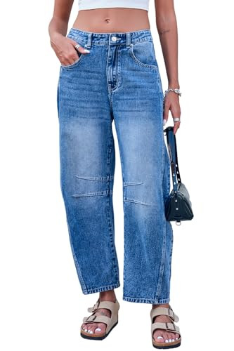 Mid Rise Barrel Jeans for Women Wide Leg Mid Waist Cropped Denim Pants Y2k Baggy Boyfriend Jeans ... | Amazon (US)