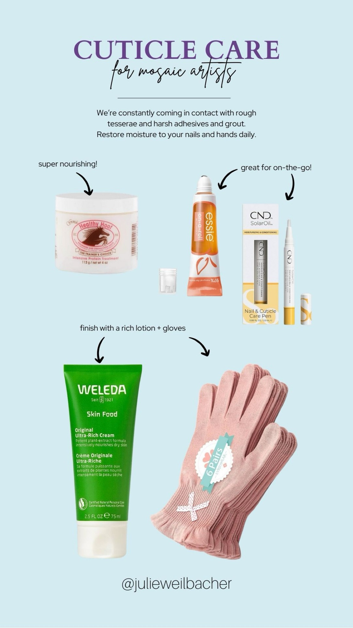 Cuticle care is so important whether you work in mosaic art, gardening, or pretty much anything! 💅🏻 Here are my go-to products that keep my cuticles healthy and happy. 💅🏻 Bonus: taking care of my nails and cuticles also helps my polish stay on longer. cuticle care - cuticle lotion - cuticle cream - nail care - skin food - hand lotion - overnight gloves - night gloves - hand care - Essie - CND - Weleda - Healthy Hoof

#LTKbeauty #LTKover40 #LTKfindsunder50