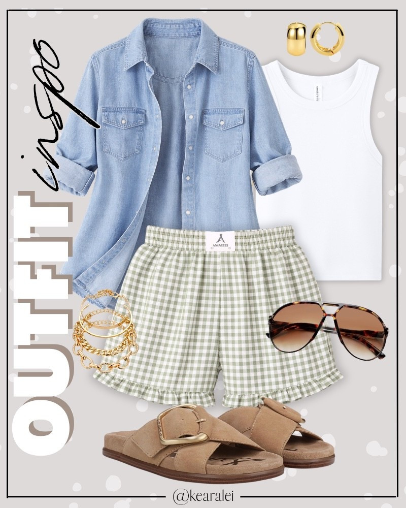 Summer outfits 2026 denim chambray button up shirt over white ribbed tank top Womens olive green sage green plaid gingham boxer shorts ruffle pajama shorts 2026 summer spring lounge casual beach pj bottoms, Sam Edelman tan brown suede strap sandals gold buckle look for less, clicker huggies hoops earrings gold filled gold plated bracelets retro brown oversized aviator sunglasses summer outfits beach outfit vacation outfits resort wear swimsuit coverup cruise clothes || #amazon #outfit #summer #American #boxer #shorts #affordable 
.
.
.

Fitness Wear, Activewear, exercise outfit, workout leggings, sports bra, Lulu lemon, free people motion active athleisure Amazon fashion, teacher outfits, business casual, casual outfits, neutrals, street style, Midi skirt, Maxi Dress, Swimsuit, Bikini, Travel, skinny Jeans, Puffer Jackets, Concert Outfits, Cocktail Dresses, Sweater dress, Sweaters, cardigans Fleece Pullovers, hoodies, button-downs, Oversized Sweatshirts, Jeans, High Waisted Leggings, dresses, joggers, fall Fashion, winter fashion, leather jacket, Sherpa jackets, Deals, shacket, Plaid Shirt Jackets, apple watch bands, lounge set, Date Night Outfits, Vacation outfits, Mom jeans, shorts, sunglasses, Disney outfits, Romper, jumpsuit, Airport outfits, biker shorts, Weekender bag, plus size fashion, Stanley cup tumbler Target, Abercrombie and fitch, Amazon, Shein, Nordstrom, H&M, forever 21, forever21, Walmart, asos, Nordstrom rack, Nike, adidas, Vans, Quay, Tarte, Sephora, lululemon, free people, j crew jcrew factory, old navy

#LTKootd #LTKSeasonal #LTKSaleAlert