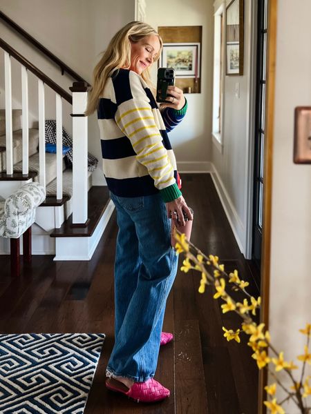 The happiest cardigan for the first day of Sprjng ☀️ my favorite boden navy tank top (not too fitted or cropped!) AYR full length denim, pink shoes (linked similar) and a chunky gold necklace 
❤️ CLAIRE LATELY 

#LTKfindsunder100 #LTKover40 #LTKSeasonal