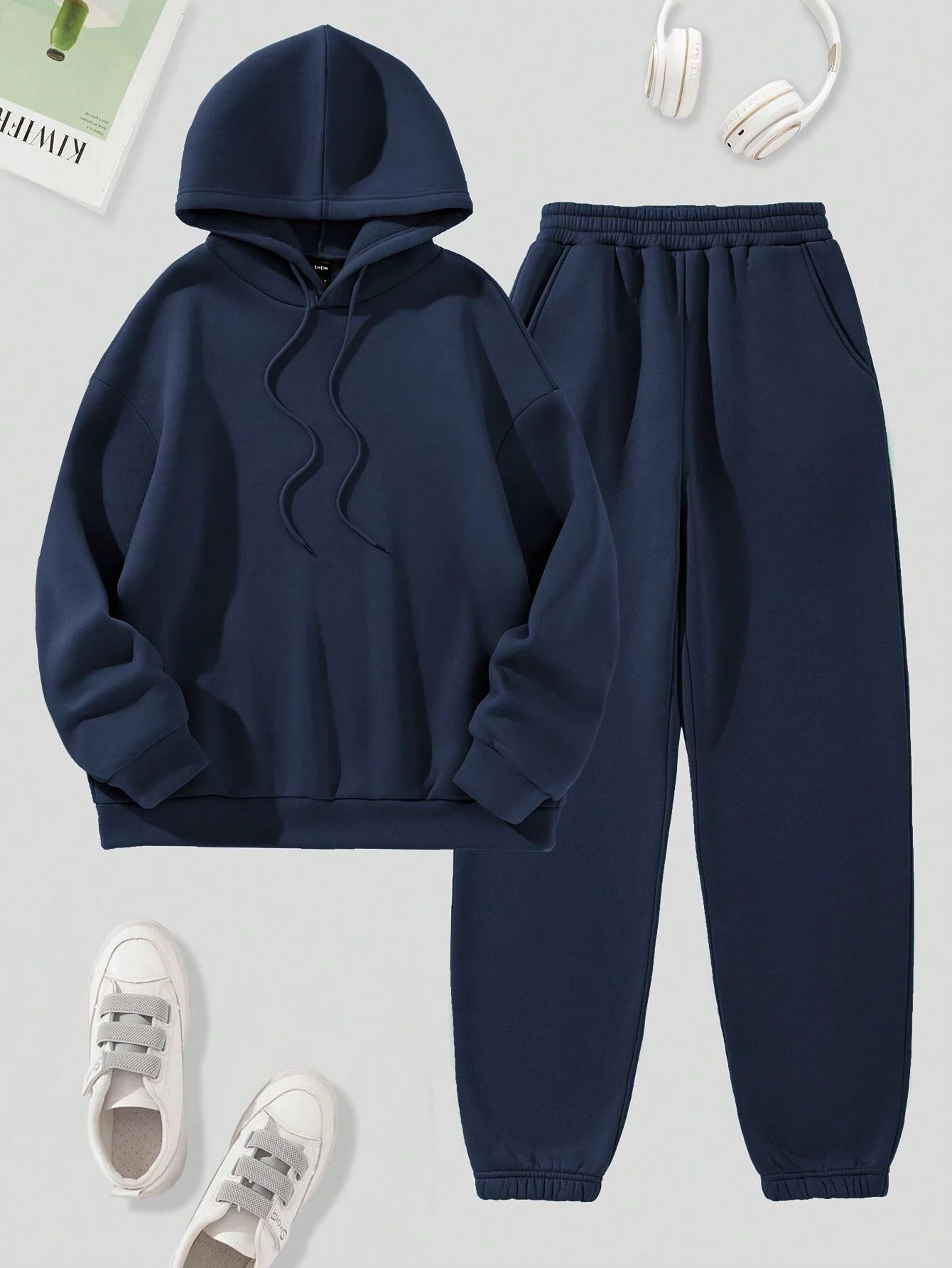 SHEIN Essnce Solid Drawstring Thermal Lined Hoodie & Sweatpants | SHEIN
