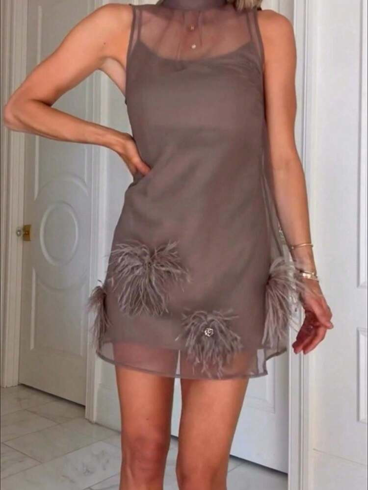 Sleeveless Cami Short Dress For Women With Scoop Neck Contrast Mesh And Feather Embellishments | SHEIN