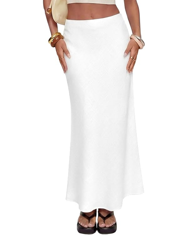 Women's Linen Maxi Skirt Elastic High Waisted White Summer Casual Clothes Long Skirts for Women | Amazon (US)