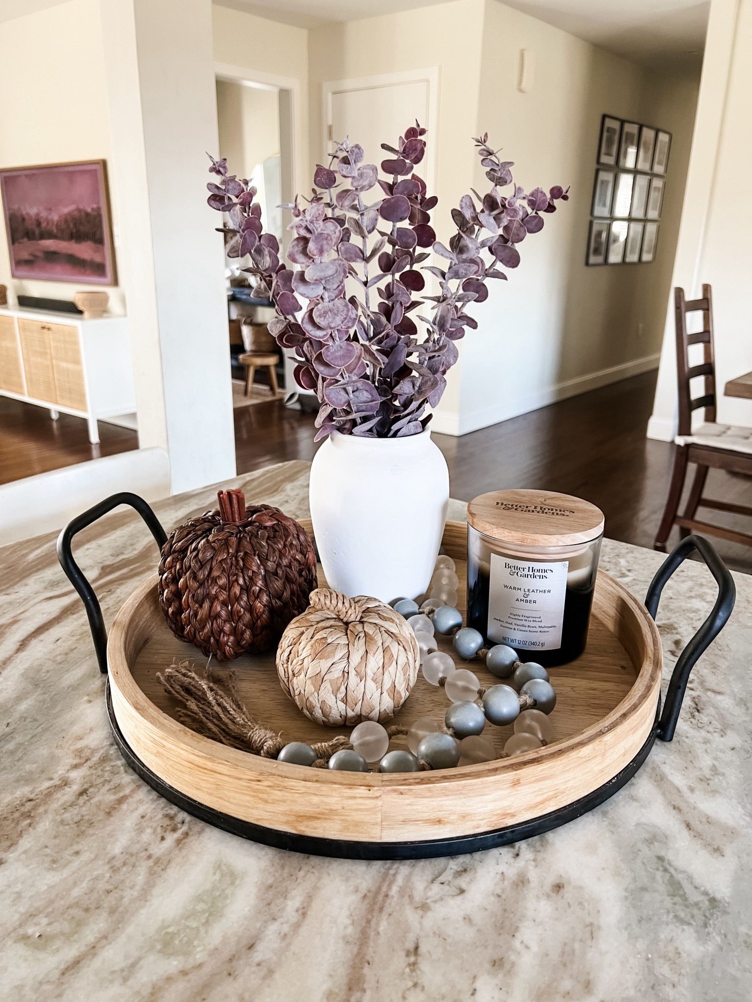 Walmart tray styling idea, I’ve had this up all fall but the eucalyptus arrangement can work year round, I love the dark purple color. Pumpkins are Dollar General and Target. Beads are from a little shop in Cape Cod (proud to say I paid $12 for them on clearance!). Tray is Walmart. Looks good all year! #walmarthome 

#LTKHome #LTKGiftGuide #LTKFindsUnder50