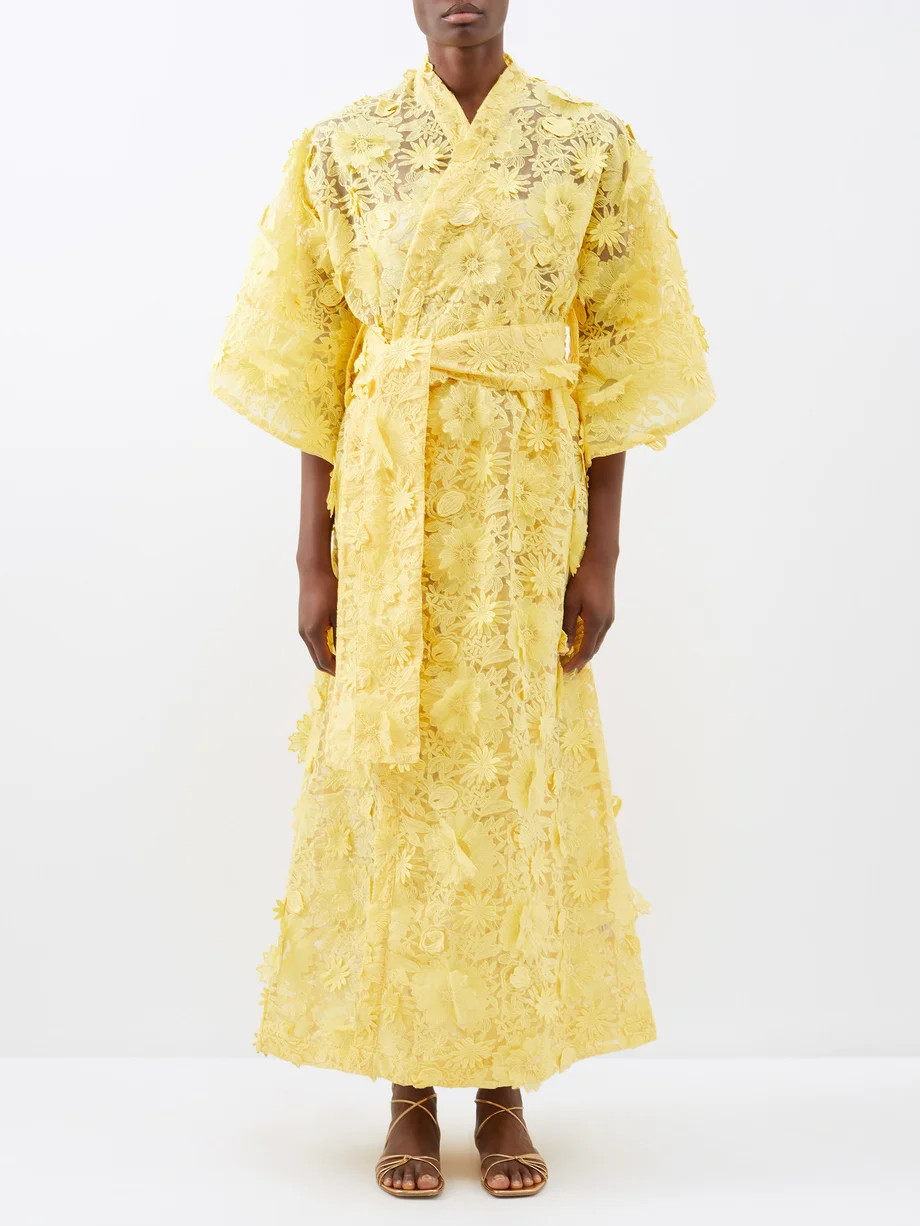 Floral-appliqué lace kaftan wrap dress | Matches (US)