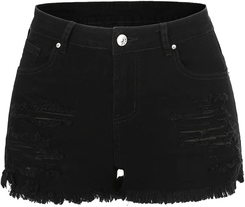 THUNDER STAR Women Mid Rise Ripped Stretchy Jeans Shorts Frayed Raw Hem Casual Denim Shorts | Amazon (US)
