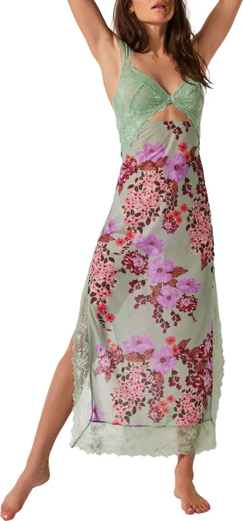 Suddenly Fine Floral Print Cutout Lace Trim Nightgown | Nordstrom